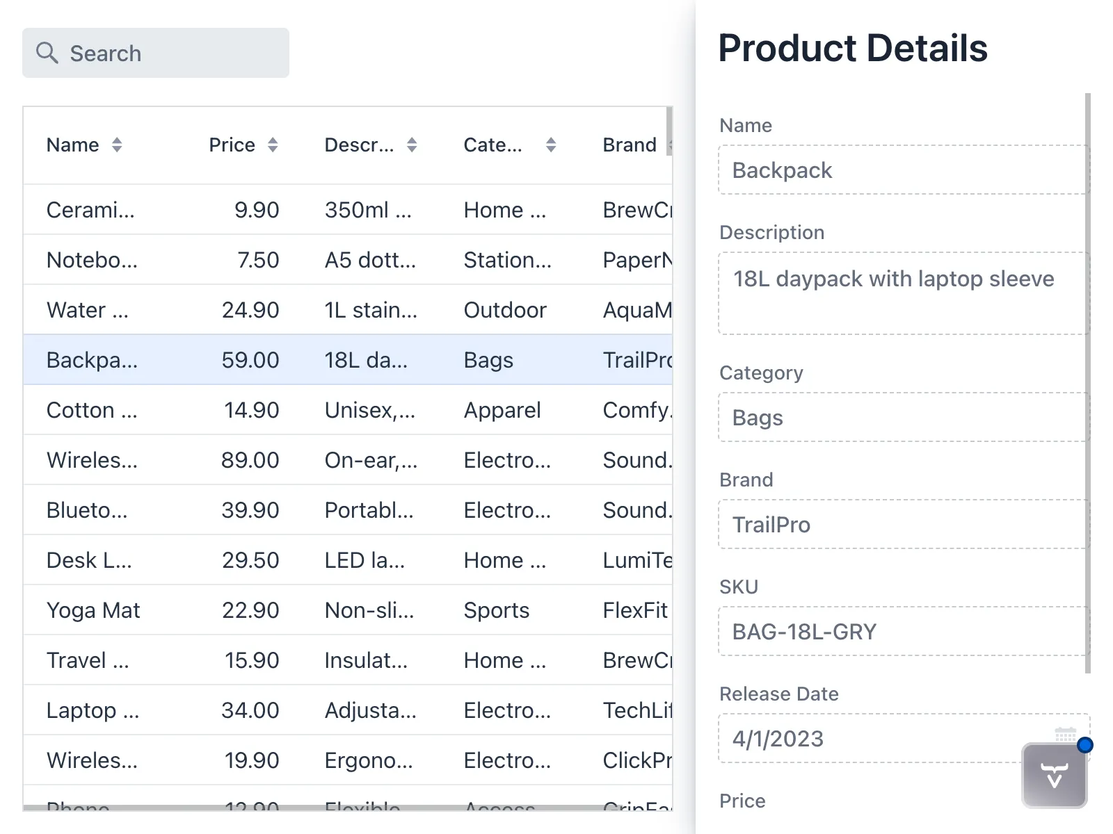 The product drawer with data